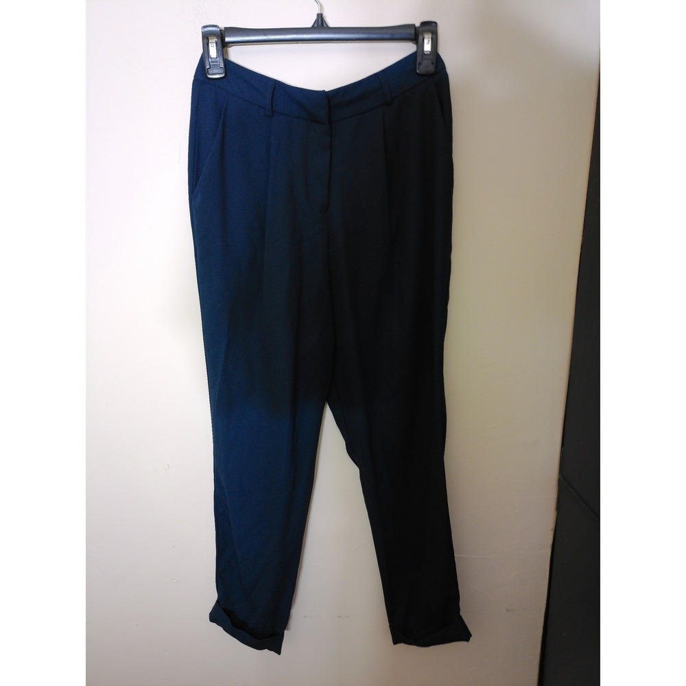 ASOS Tapered Trousers Women Size 4 Navy Blue Pleated High Rise Cuffed Career